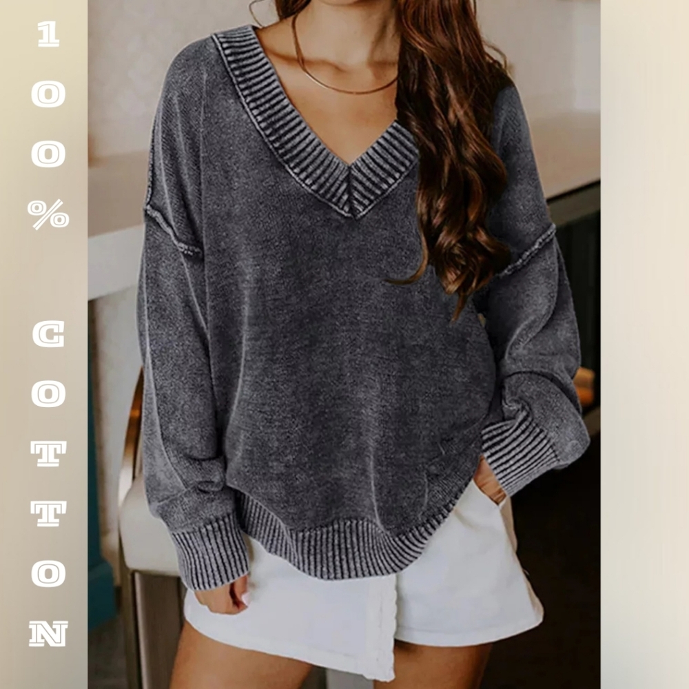 100% Cotton Smokey Wash V-neck Sweater